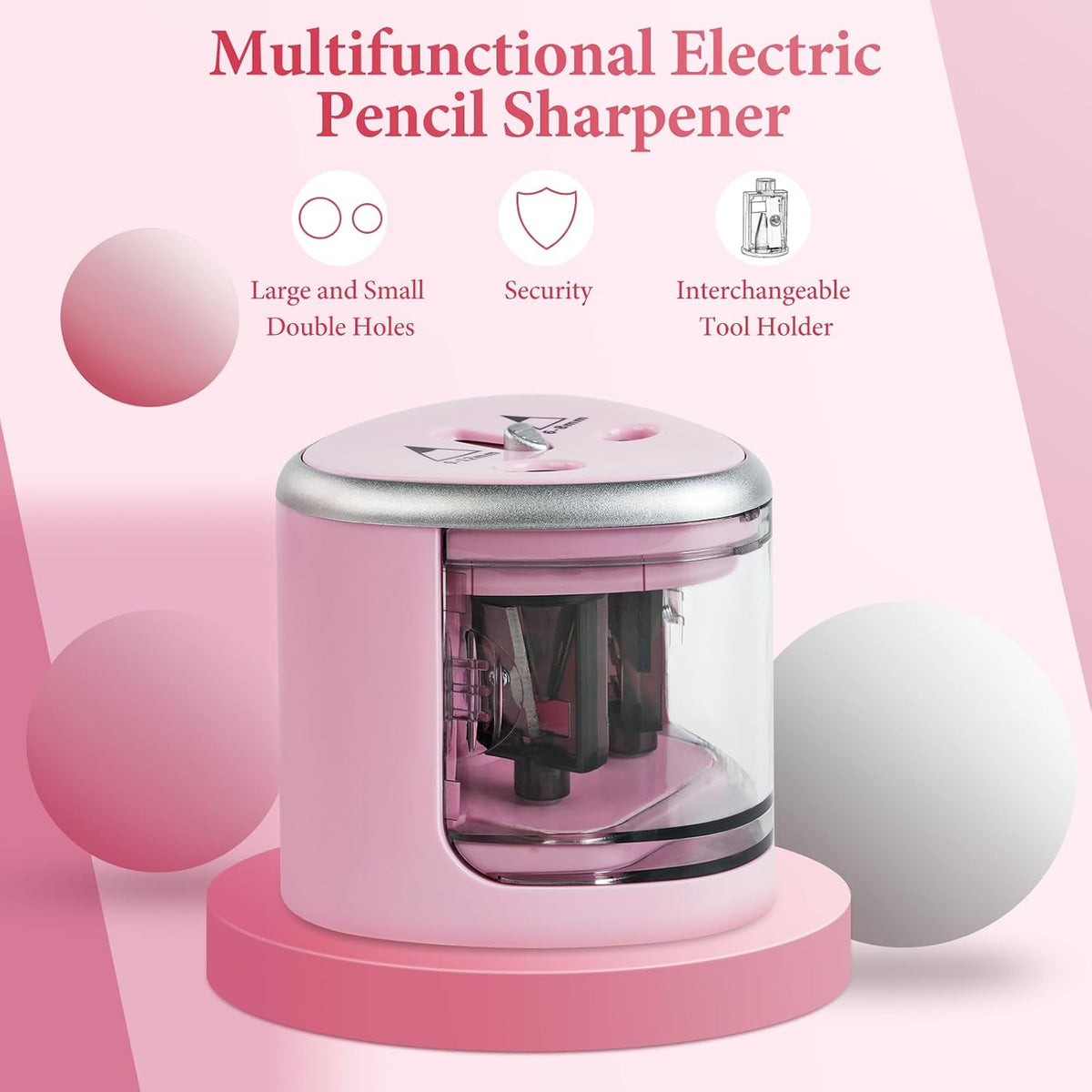 AUAUY Electric Pencil Sharpener with Double Hole, Battery Operated, Pink