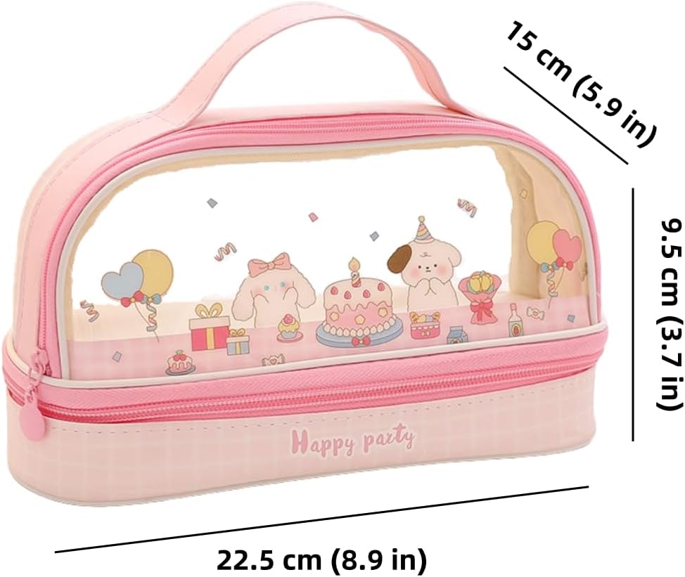 Bunny Pencil Pouch w/Handle Rabbit Kitten Bear Puppy Pen Case Cosmetic Bag Clear Case