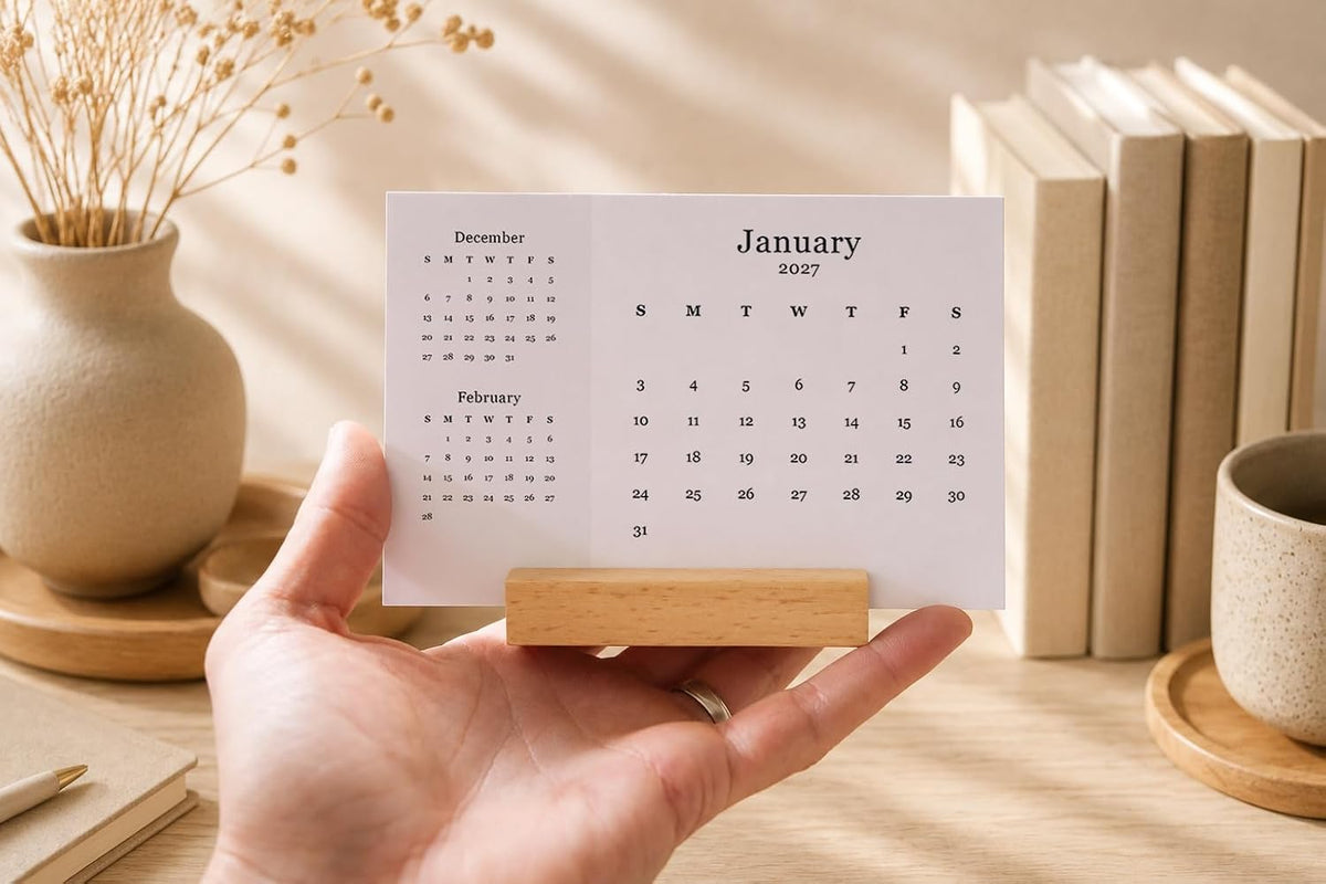 2027 Monthly Minimalist Office Desk Calendar - 3 Month Style - Wood Stand - Annual 12