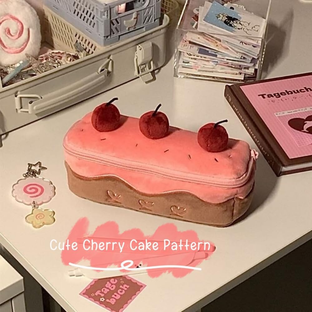 Cherry Cake Pencil Case Big Capacity Pen Holder Plush Pencil Pouch Box Cute Aesthetic Pen