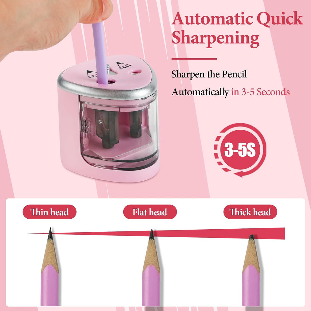 AUAUY Electric Pencil Sharpener with Double Hole, Battery Operated, Pink