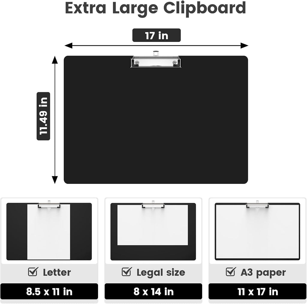 Extra Large 11x17 Clipboards, Plastic Black Drawing Boards, Horizontal Clip Board