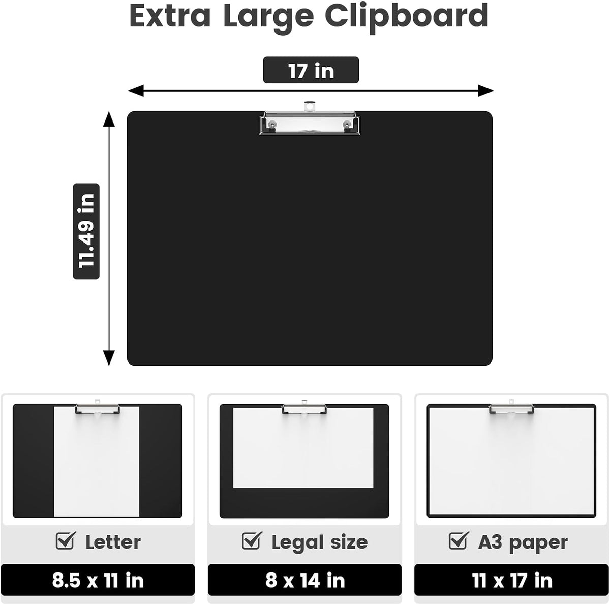 Extra Large 11x17 Clipboards, Plastic Black Drawing Boards, Horizontal Clip Board