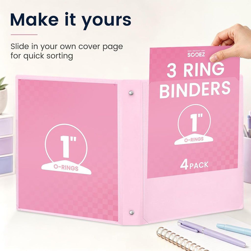 Sooez 1 Inch Binders 3 Ring, 4 Pack Lightweight Binders with Slim Flexible PP Covers