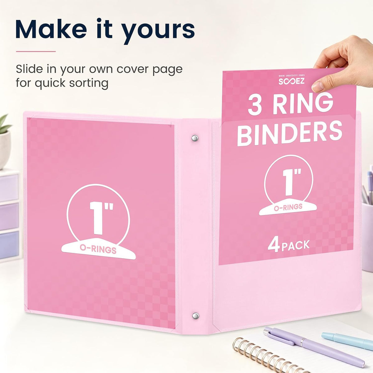 Sooez 1 Inch Binders 3 Ring, 4 Pack Lightweight Binders with Slim Flexible PP Covers
