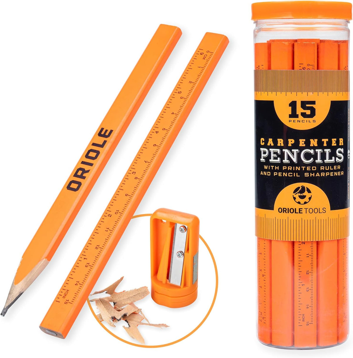 Carpenter Pencils 15 Pack with Sharpener and Storage Container — Flat Construction