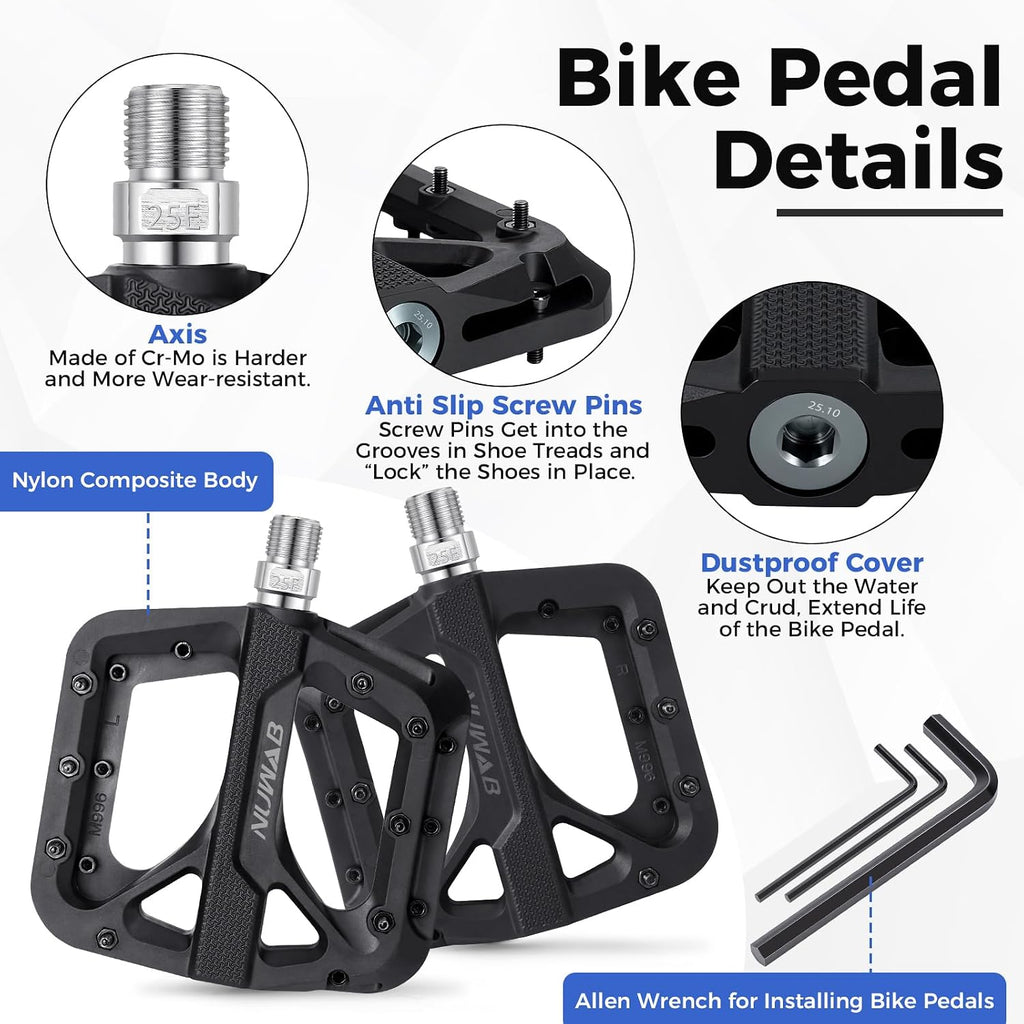 NUWAB Anti-Slip Bike Pedals, Lightweight and Wide Platform Flat Pedals