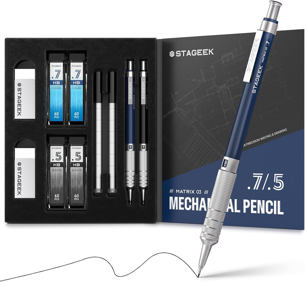 STAGEEK 0.5mm & 0.7mm Mechanical Pencil Set, 2 Erasers and 240 HB Refills