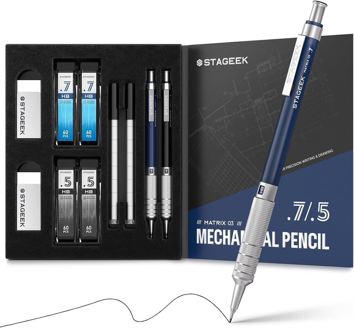 STAGEEK 0.5mm & 0.7mm Mechanical Pencil Set, 2 Erasers and 240 HB Refills