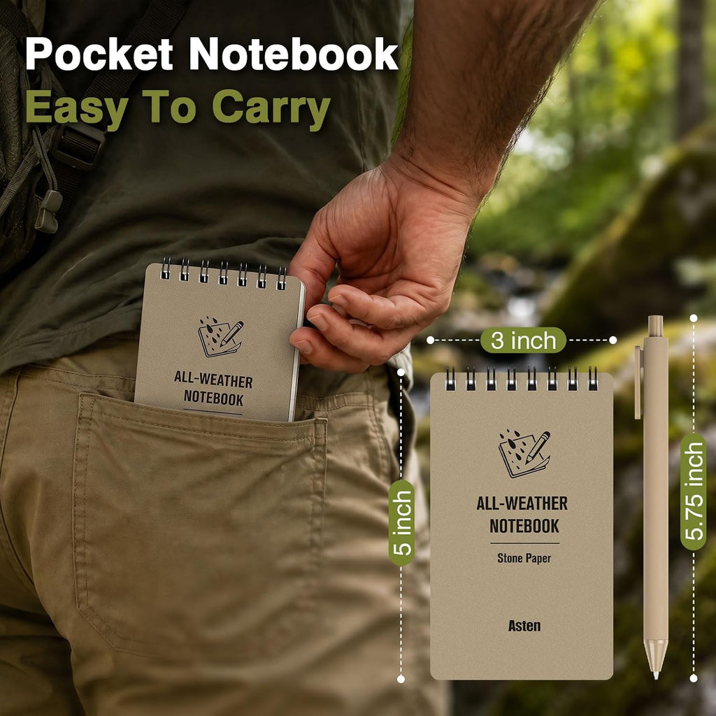 Asten Small Notebook Waterproof Notepad: 3" x 5" Top Spiral Notebook 4 Pack