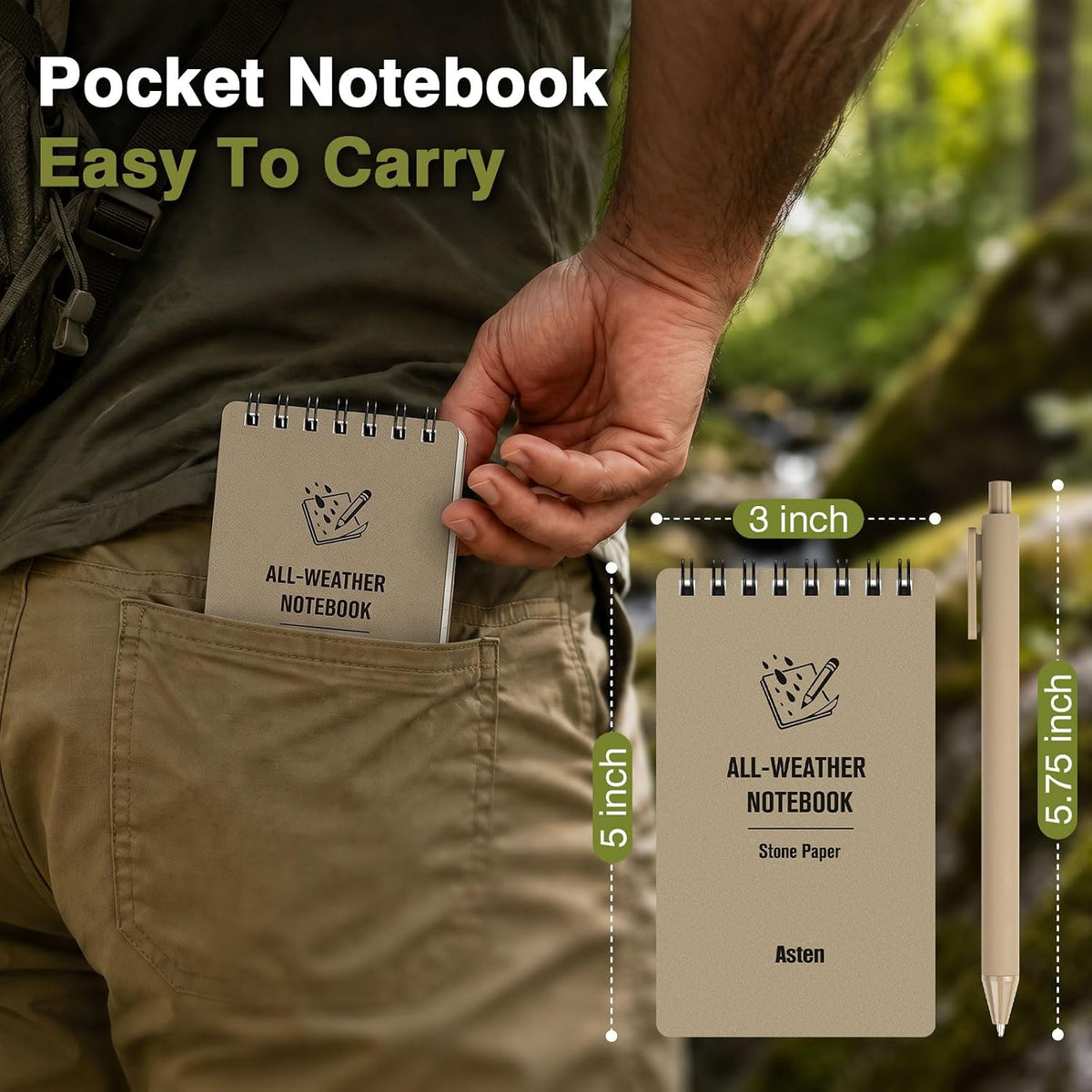 Asten Small Notebook Waterproof Notepad: 3" x 5" Top Spiral Notebook 4 Pack