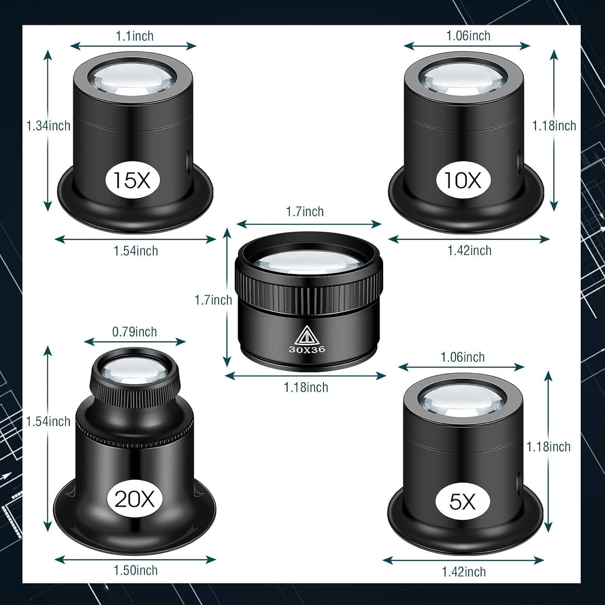 5 Pcs Jewelers Loupe Monocular Magnifier, 5X, 10x, 15x, 20x, 30×36mm Lens