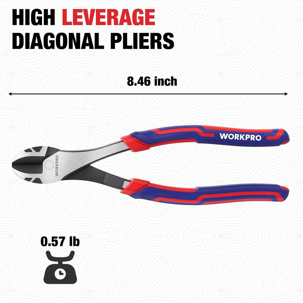 WORKPRO 8 Inch High Leverage Diagonal Pliers, Cr-V Steel & Anti-Slip Handle