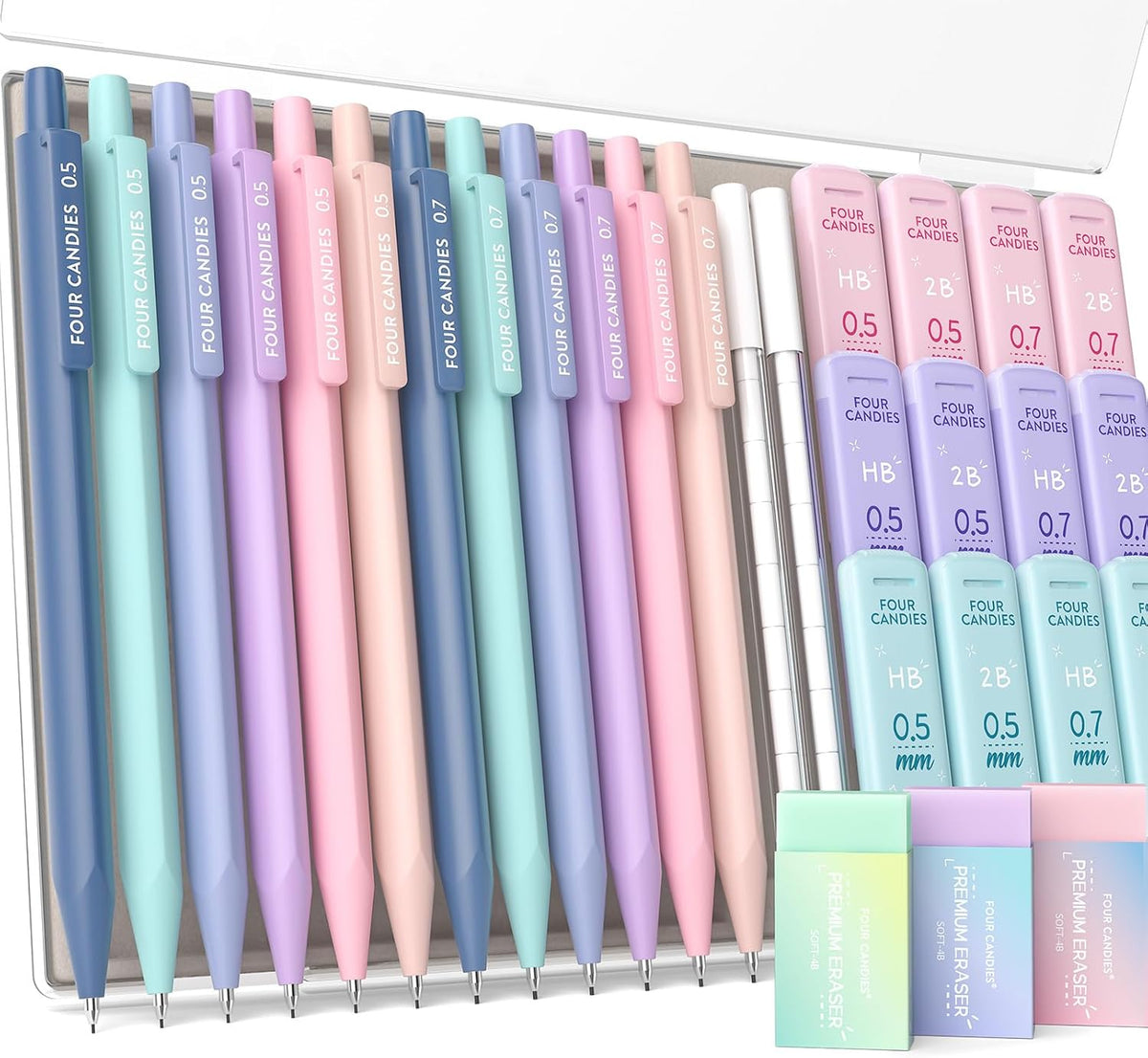 Four Candies Cute Mechanical Pencil Set, 0.5mm & 0.7mm Point, 12-Count Pack