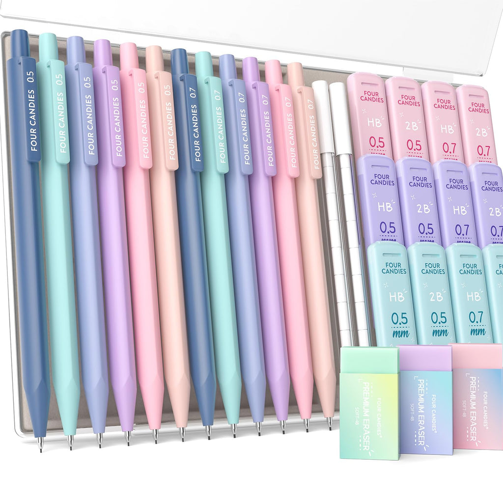 Four Candies Cute Mechanical Pencil Set, 0.5mm & 0.7mm Point, 12-Count Pack