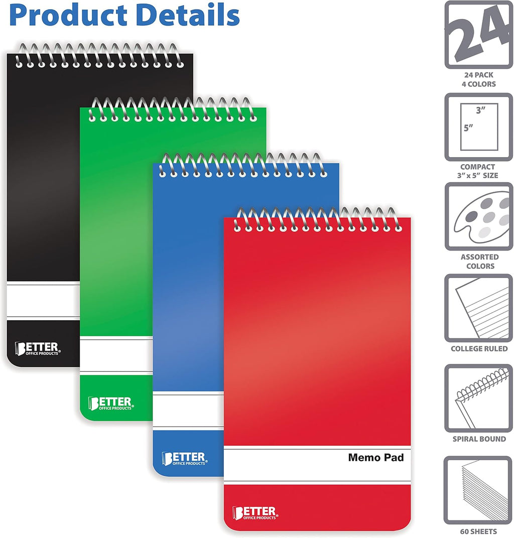 Better Office Products Memo Pads, 24 Pack 3x5 inches, 60 Sheets, College Rule