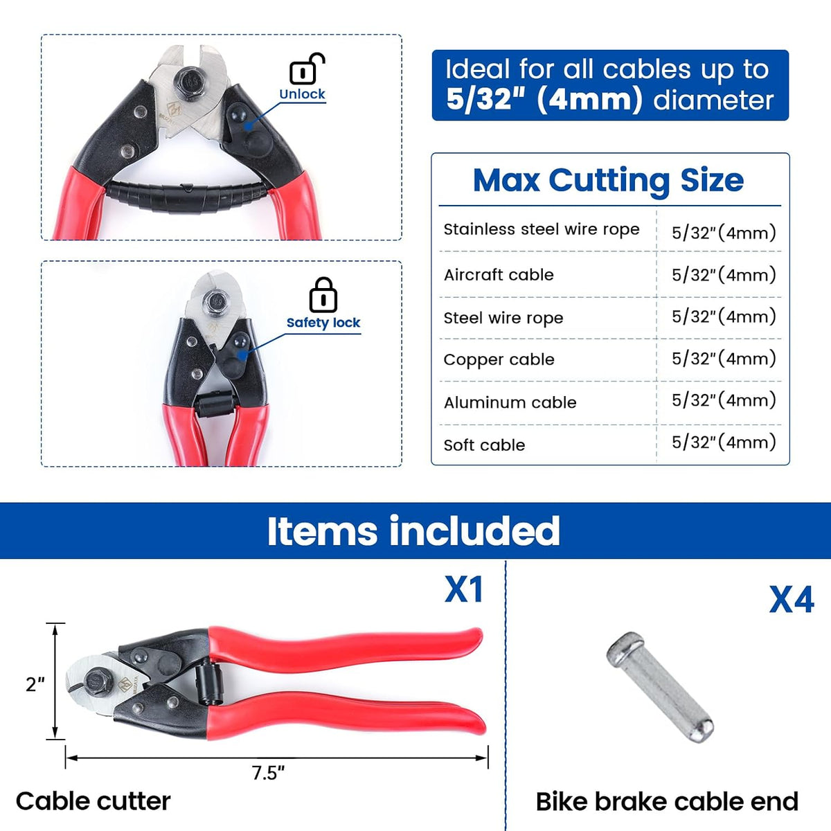 Muzata Cable Cutter Heavy Duty Stainless Steel Wire Rope Cutter M015