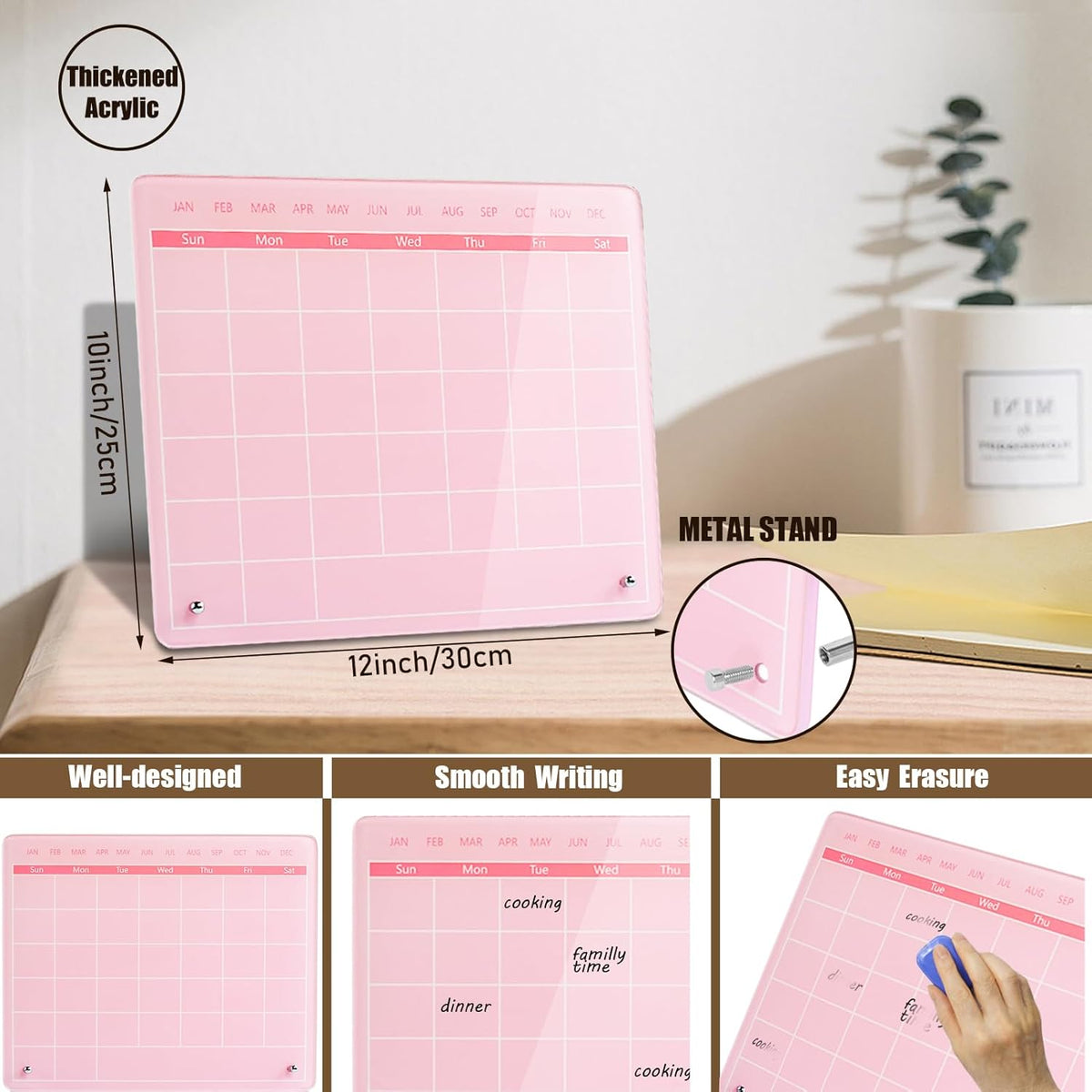 Calendar Dry Erase Board,12"X10",Acrylic Desk Calendar with Stand