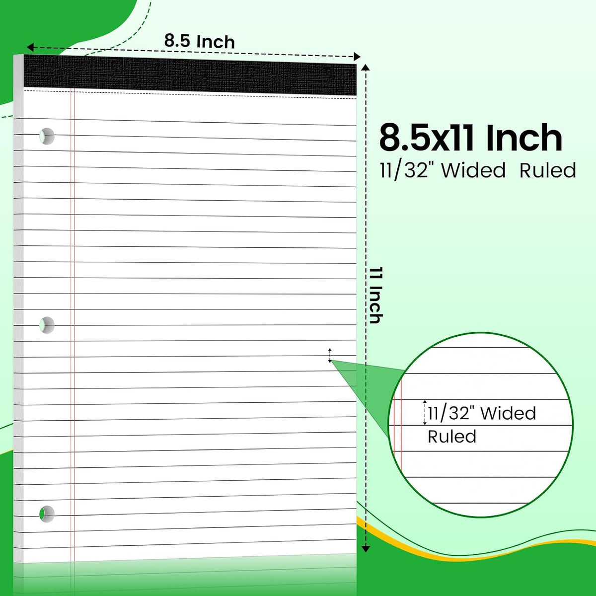 3 Hole Legal Pad 8.5 x 11, 6 Pack White Note Pads, Wide Ruled Notepads