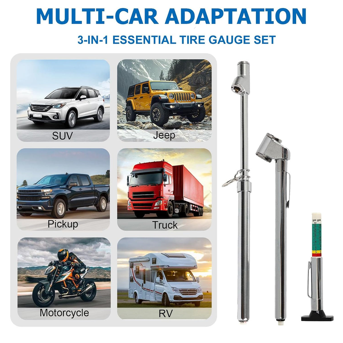 Tire Gauge for Semi Truck Straight-on Pencil Gauge with Tread Depth Gauge