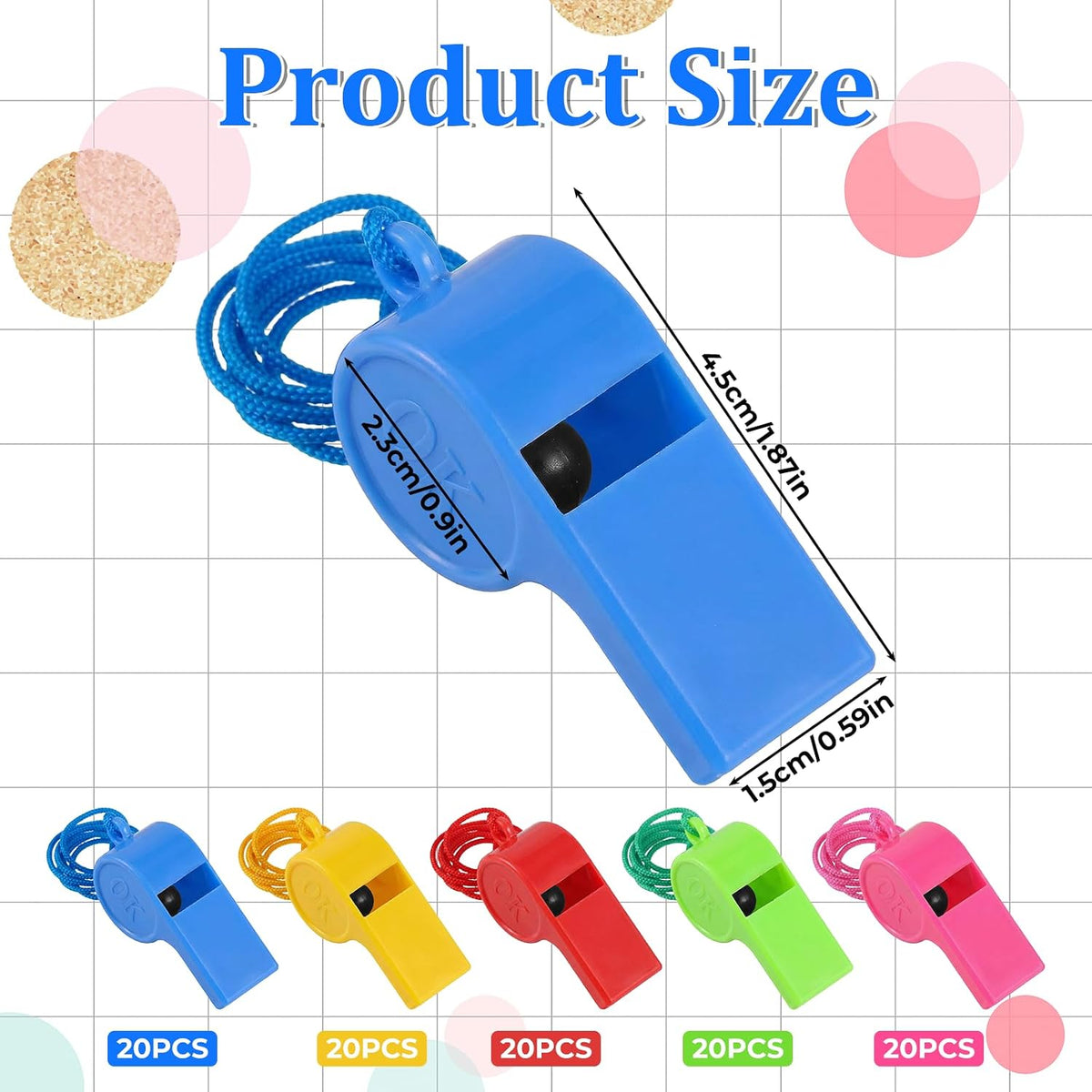 100 Pcs Sport Whistle with Lanyard, Multicolor Loud Plastic Whistles Bulk Sports Whistles
