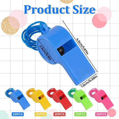 100 Pcs Sport Whistle with Lanyard, Multicolor Loud Plastic Whistles Bulk Sports Whistles