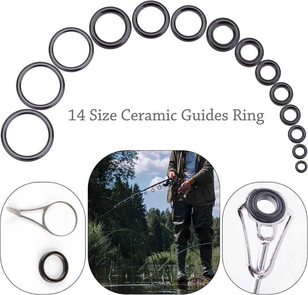 SUPERFINDINGS 60pcs 14 Sizes Rod Ceramic Guides Ring Set Fishing Rod Guide Kit Fishing