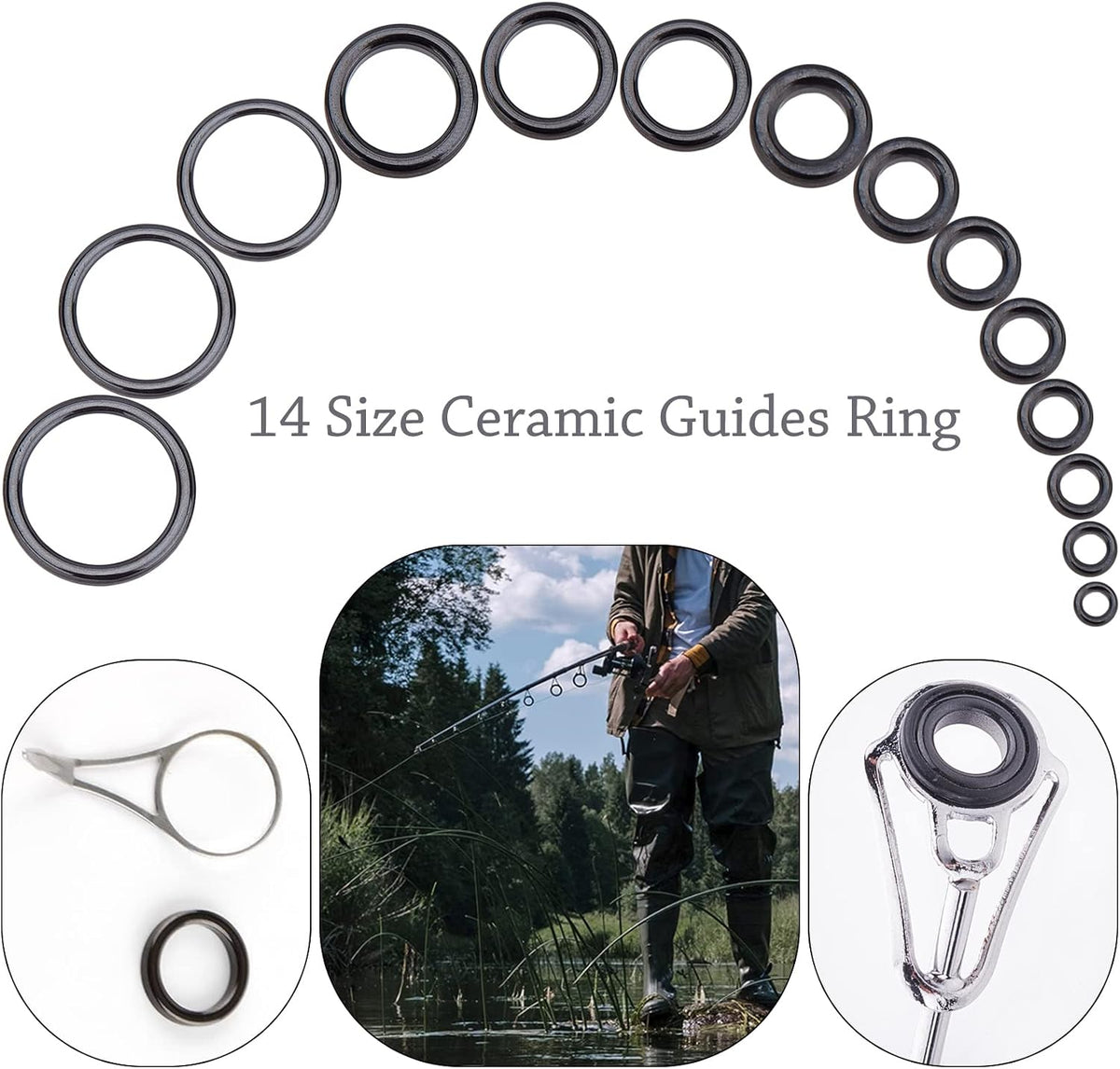 SUPERFINDINGS 60pcs 14 Sizes Rod Ceramic Guides Ring Set Fishing Rod Guide Kit Fishing
