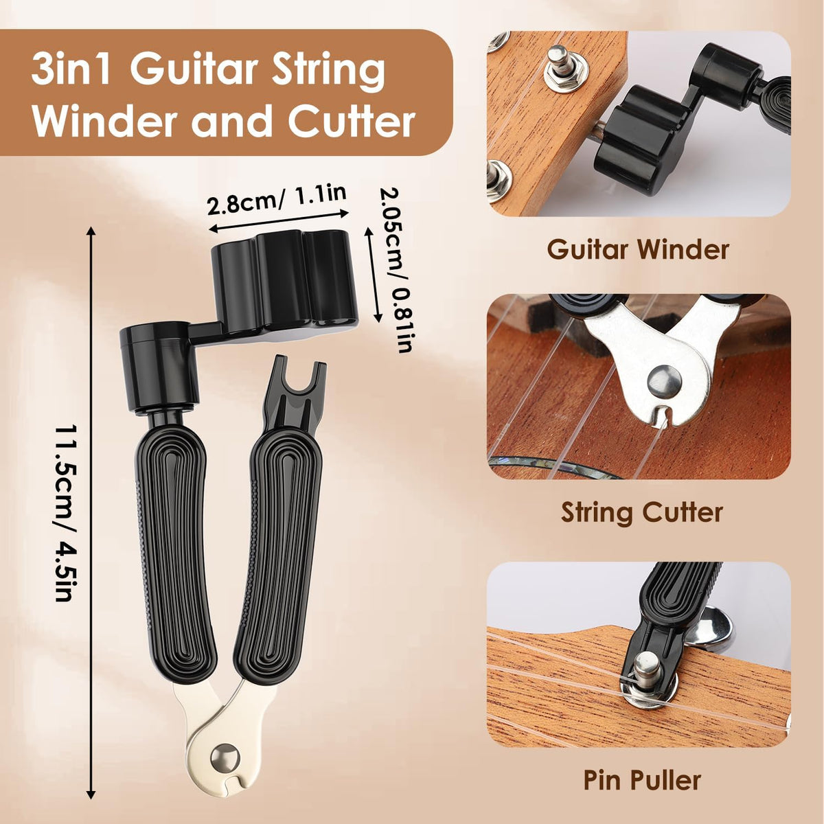3-in-1 Guitar Phone Holder, String Winder Cutter & Picks, Universal Stand