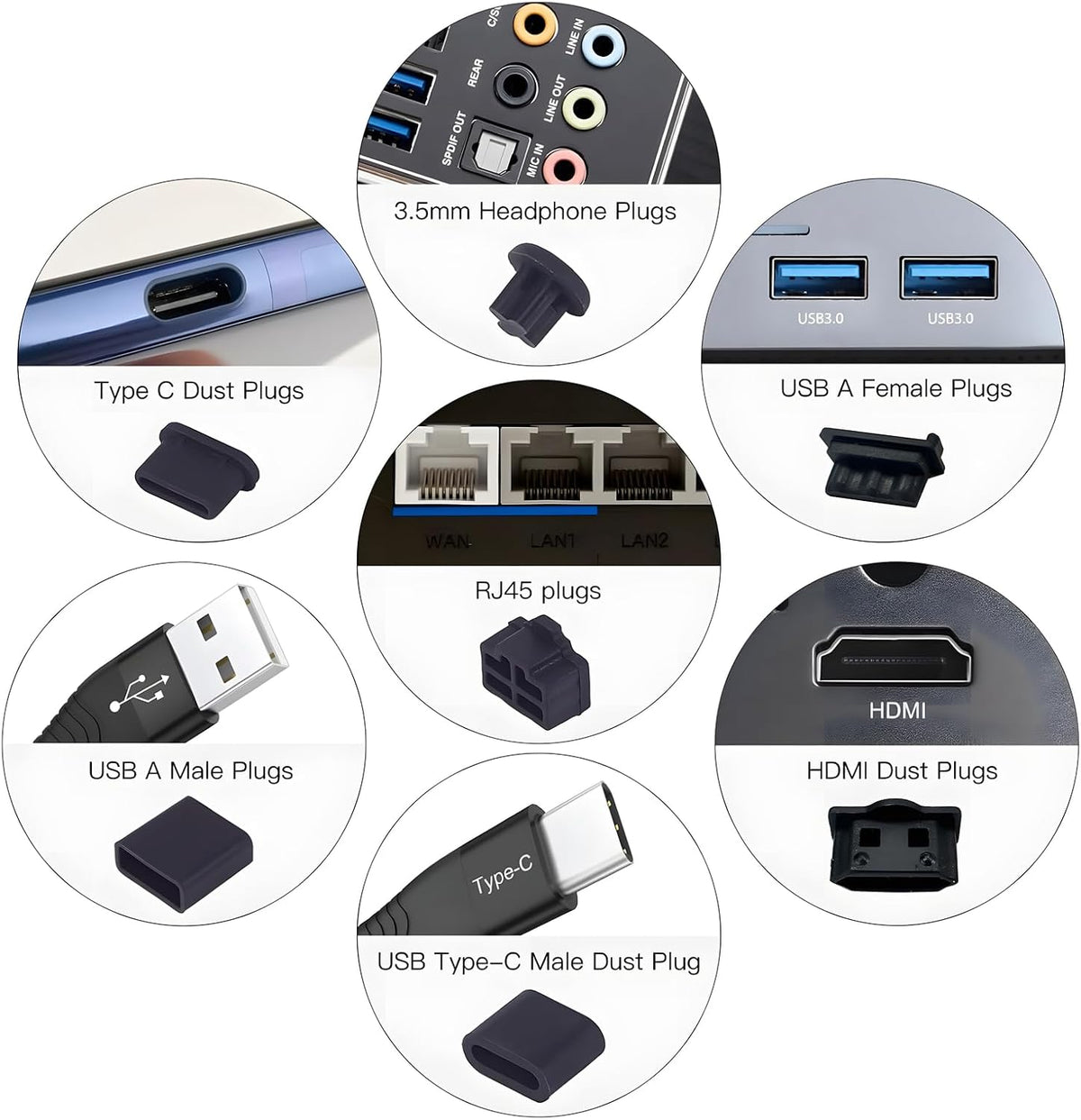 42x USB Dust Cover Port Plugs,7 Types USB Cap Port Stopper for USB Type-C, USB A Female