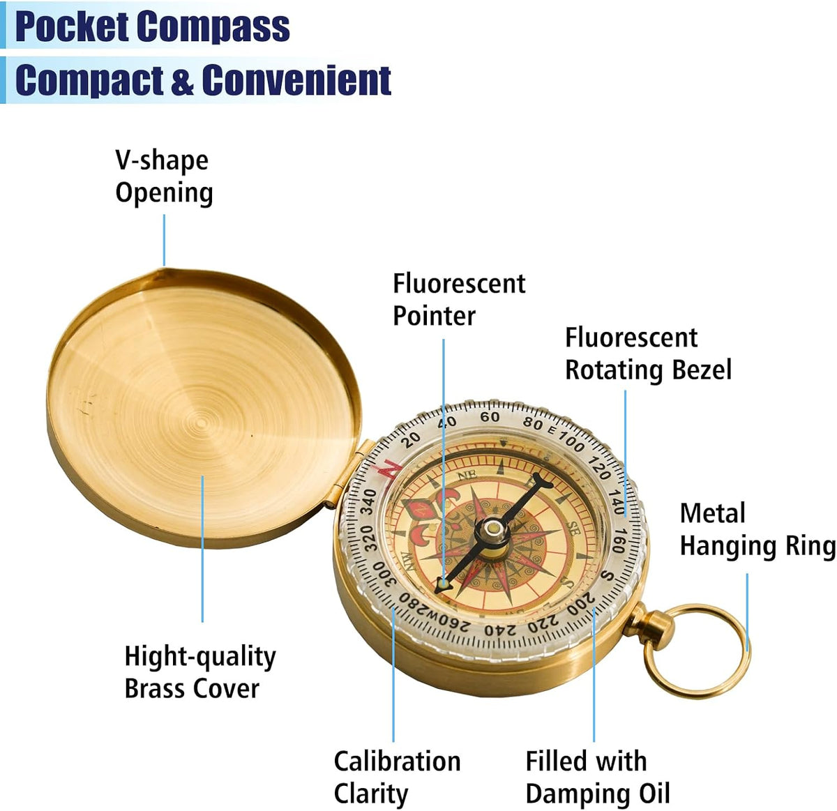 2Pcs Metal Camping Survival Compass, Brass Pocket Compass