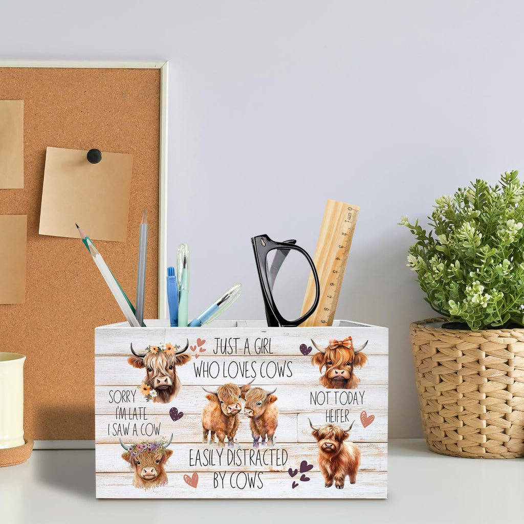 Highland Cow Pen Holder for Desk, Funny Easily Distracted by Cows Pencil Organizer