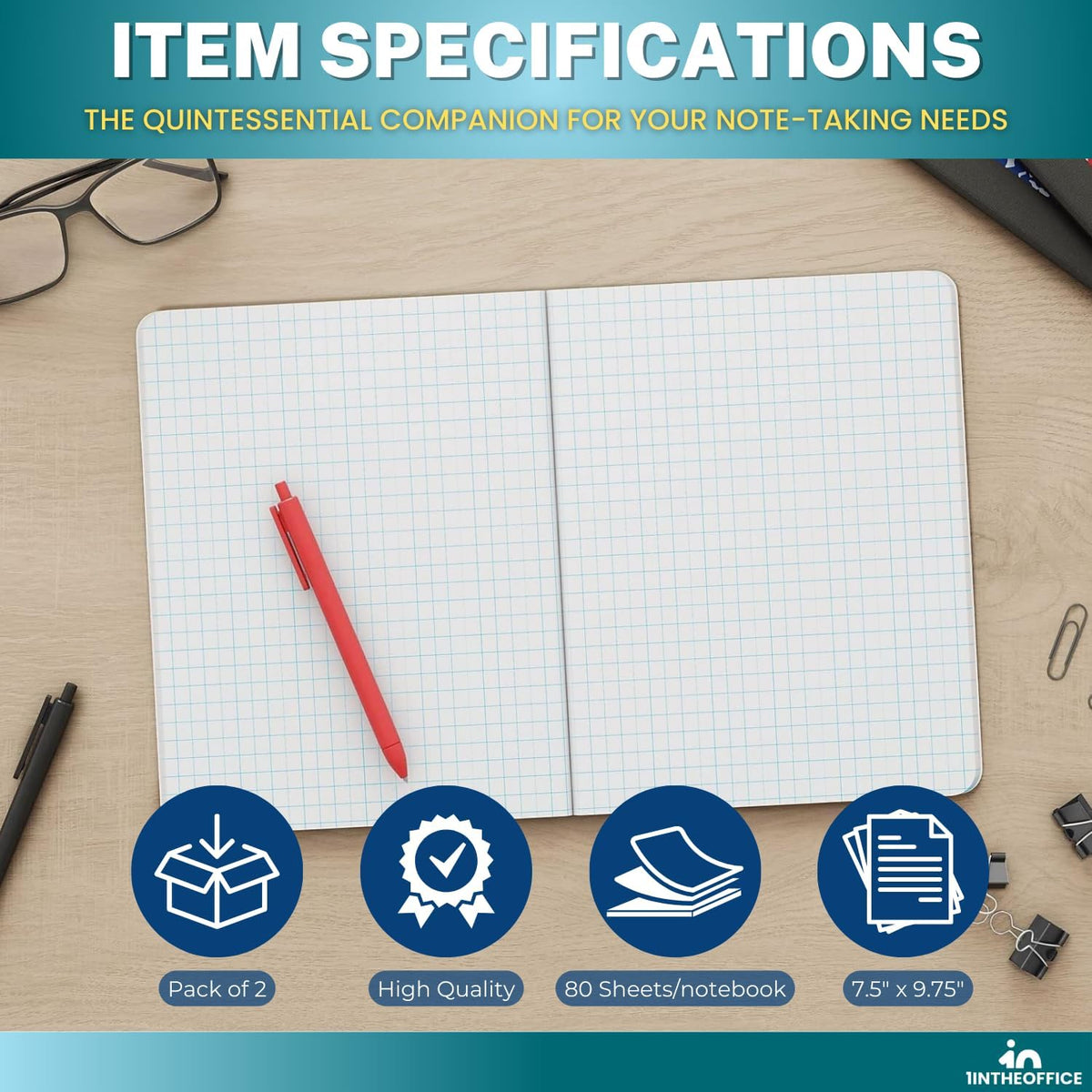 1InTheOffice Graph Composition Book, 9.75" x 7.5" Graph Paper Notebook, 100 Sheets 2 Pack