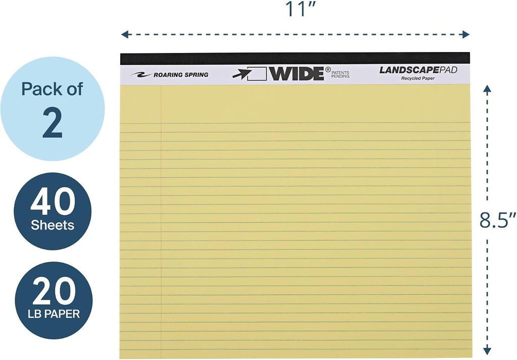 ROARING SPRING Wide Landscape Legal Pad, Canary Yellow, 2 Pads, 11" x 9.5"