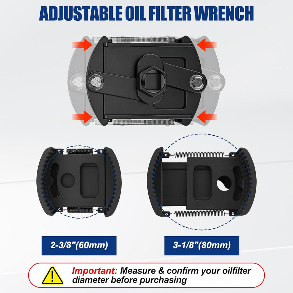 Universal Adjustable Oil Filter Wrench 2-3/8 to 3-1/8 inch (60-80mm) with Non-Slip