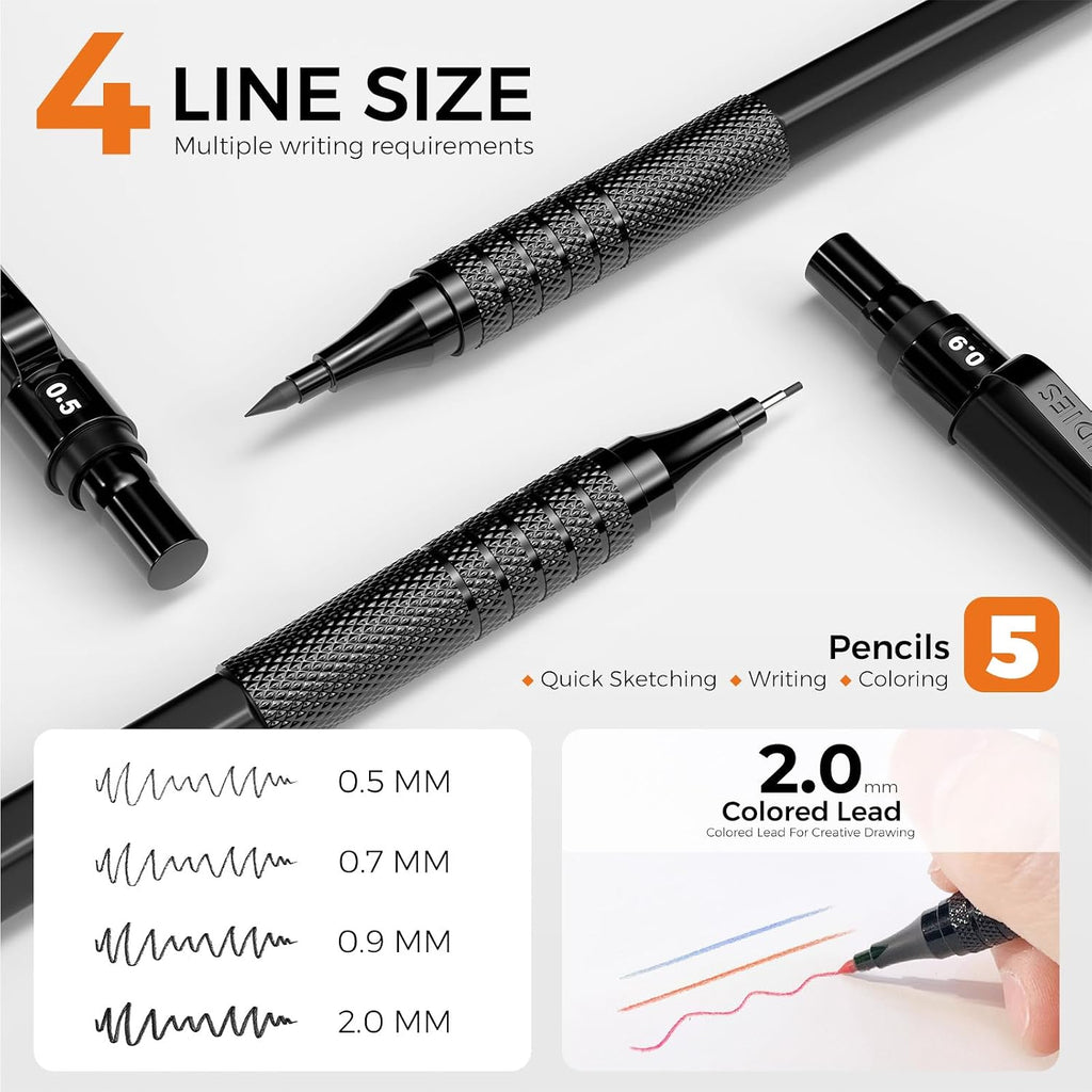 Four Candies Metal Mechanical Pencil Set, 3PCS Art Drafting Pencils 0.5, 0.7