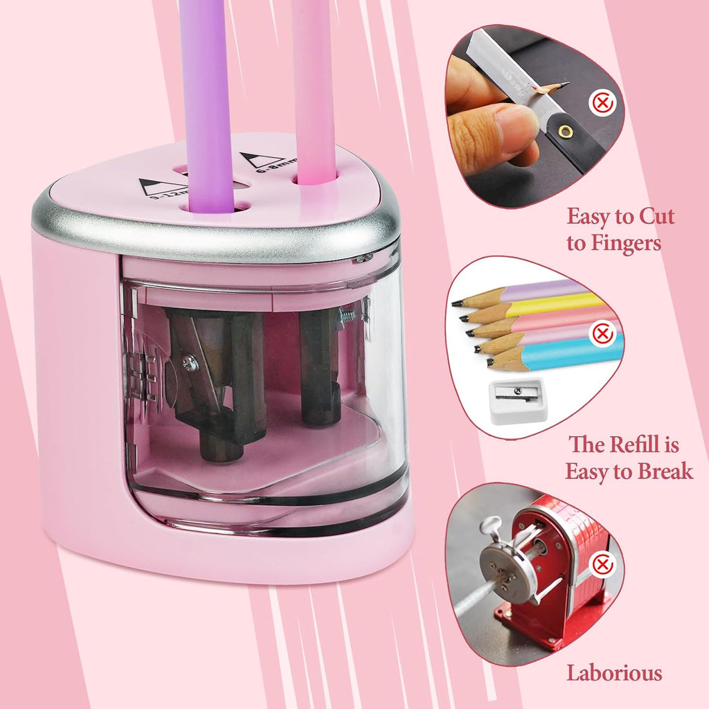 AUAUY Electric Pencil Sharpener with Double Hole, Battery Operated, Pink