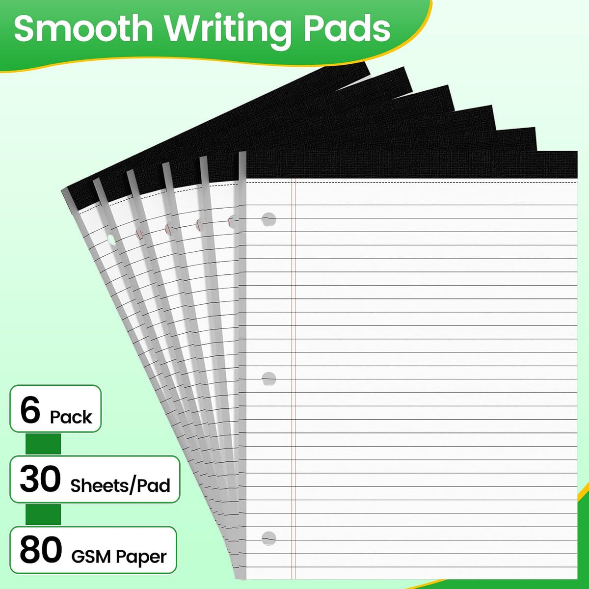 3 Hole Legal Pad 8.5 x 11, 6 Pack White Note Pads, Wide Ruled Notepads