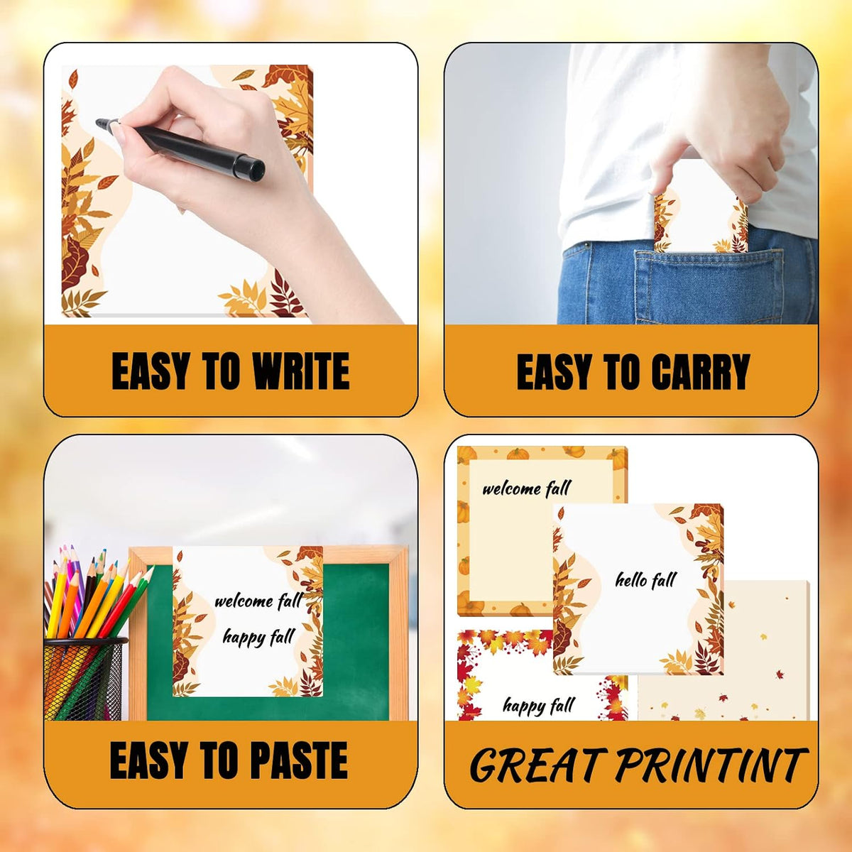 9 Pieces Fall Sticky Notes 3x3 Inch Cute Fall Pumpkin Maple Leaf Note Pads Adesive Memo