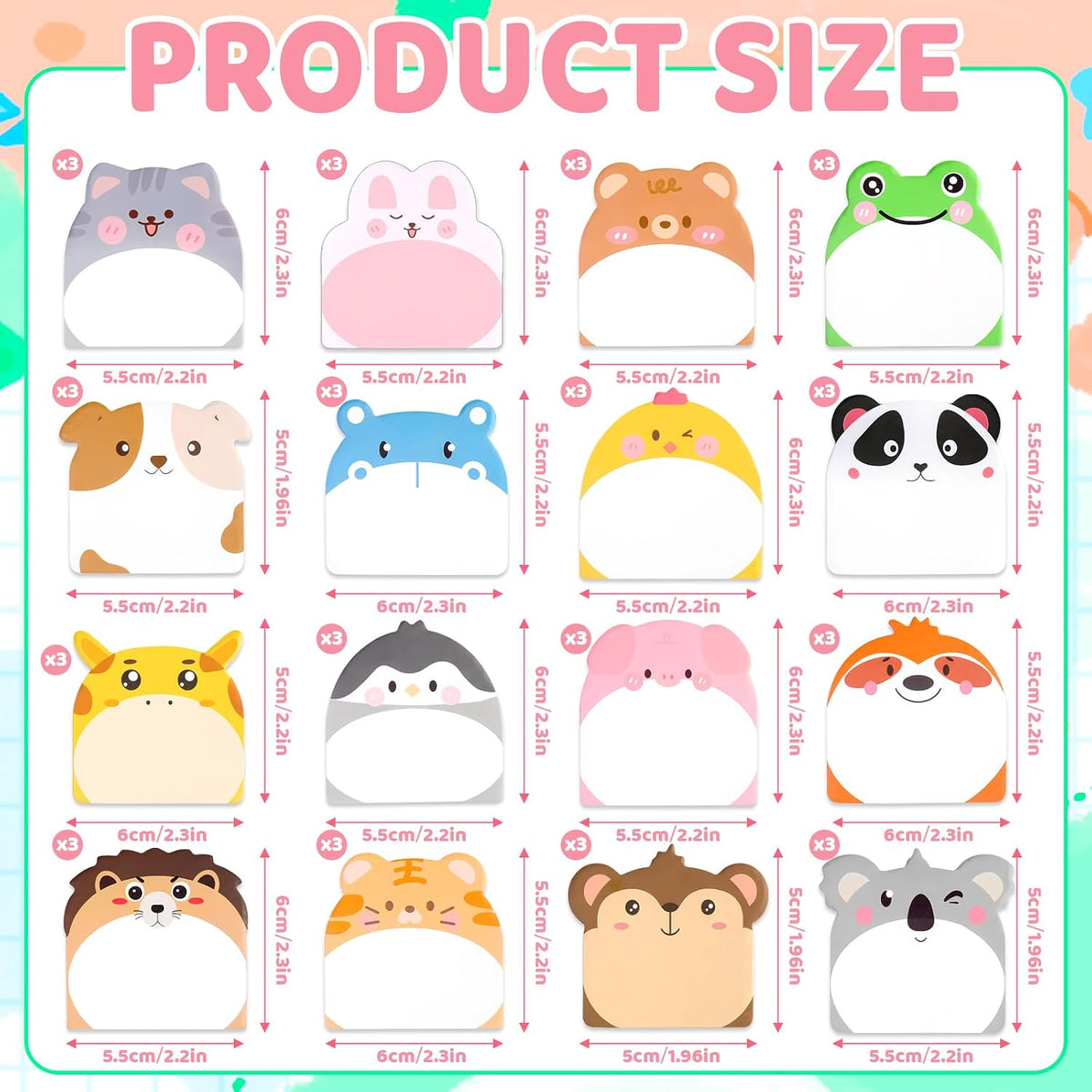 48 Pads 960 Sheets Cute Sticky Notes, Kawaii Fun Animal Sticky Notes Mini Cartoon Notes