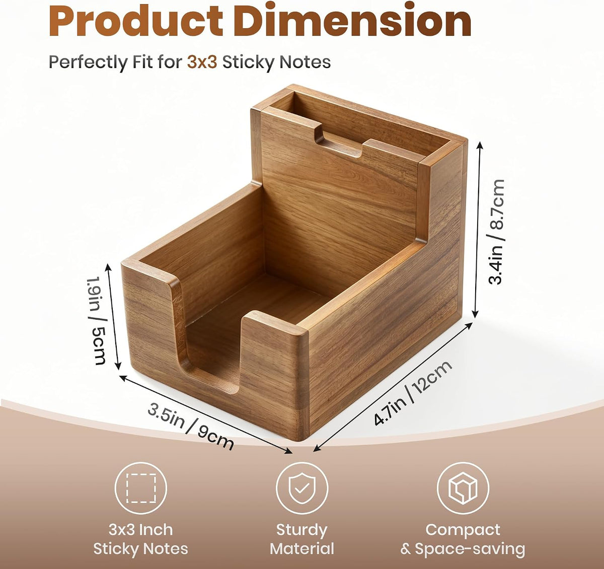 Acacia Wood Sticky Note Holder with Pen Slot, 3x3 Post It Note Dispenser