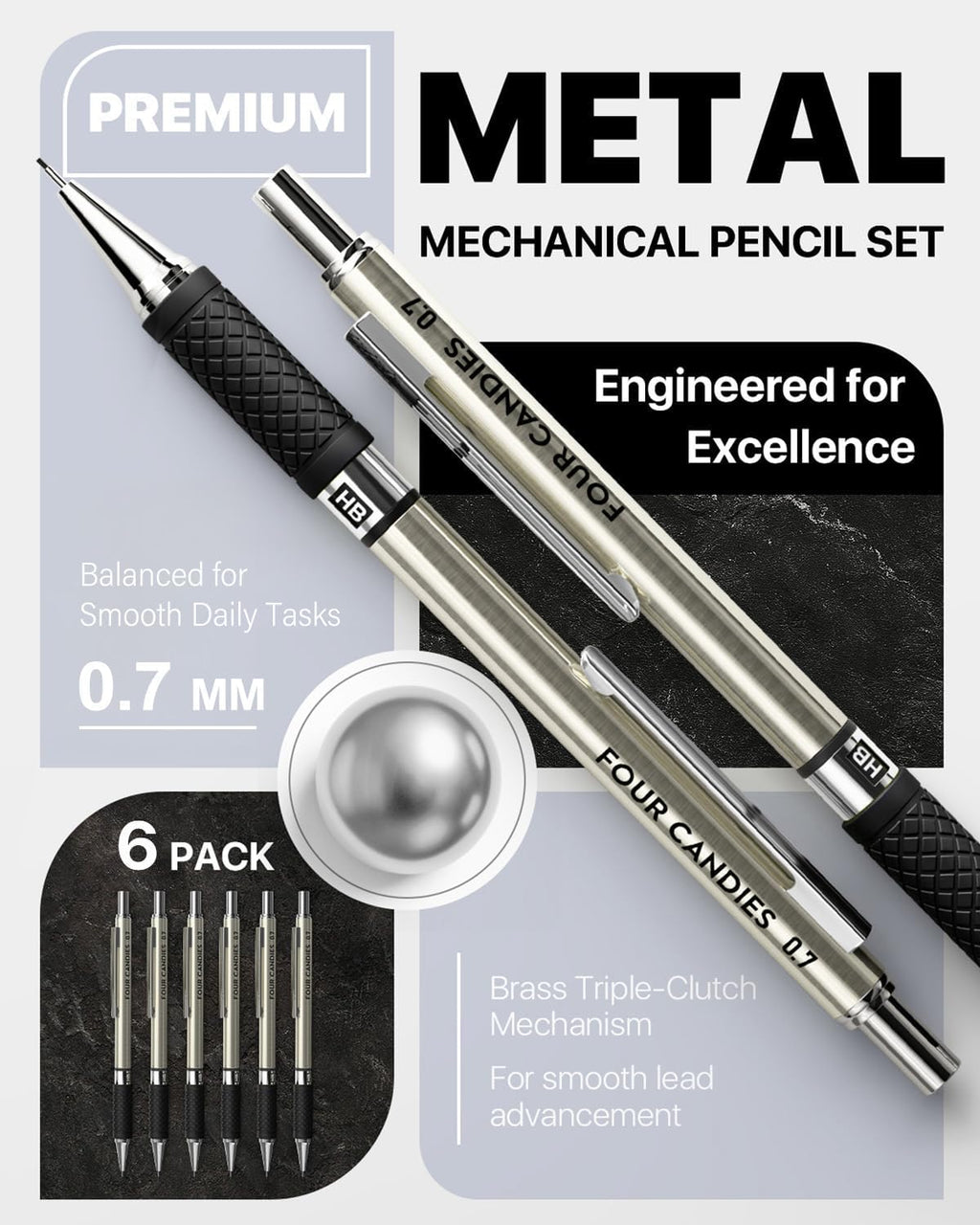 Metal Mechanical Pencil Set with Case, 6-Pack 0.7mm Medium Point