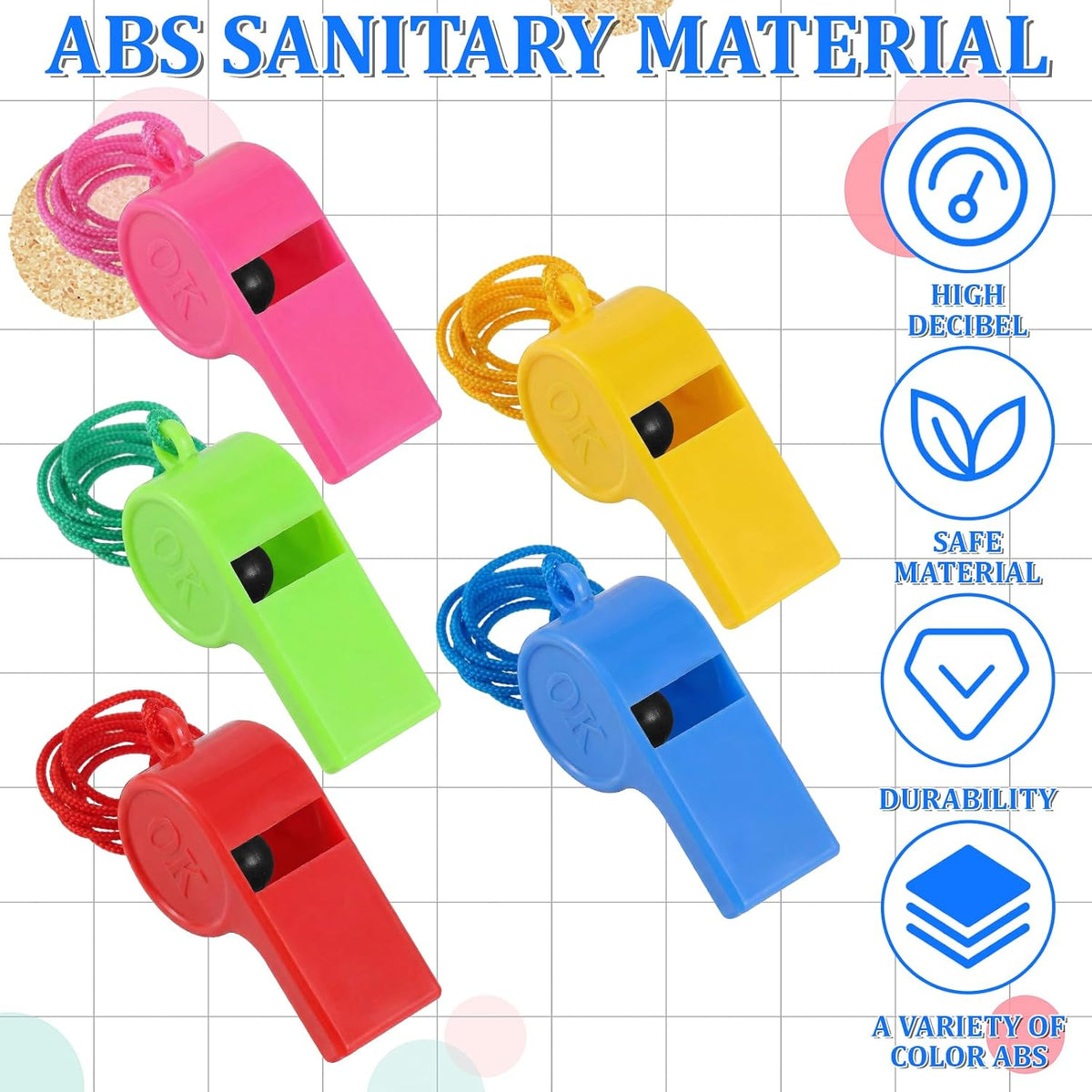 100 Pcs Sport Whistle with Lanyard, Multicolor Loud Plastic Whistles Bulk Sports Whistles