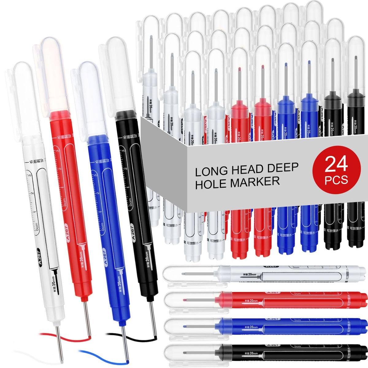 MotiMind 24 Pcs Long Nib Marker Bulk Deep Hole Marker, Black