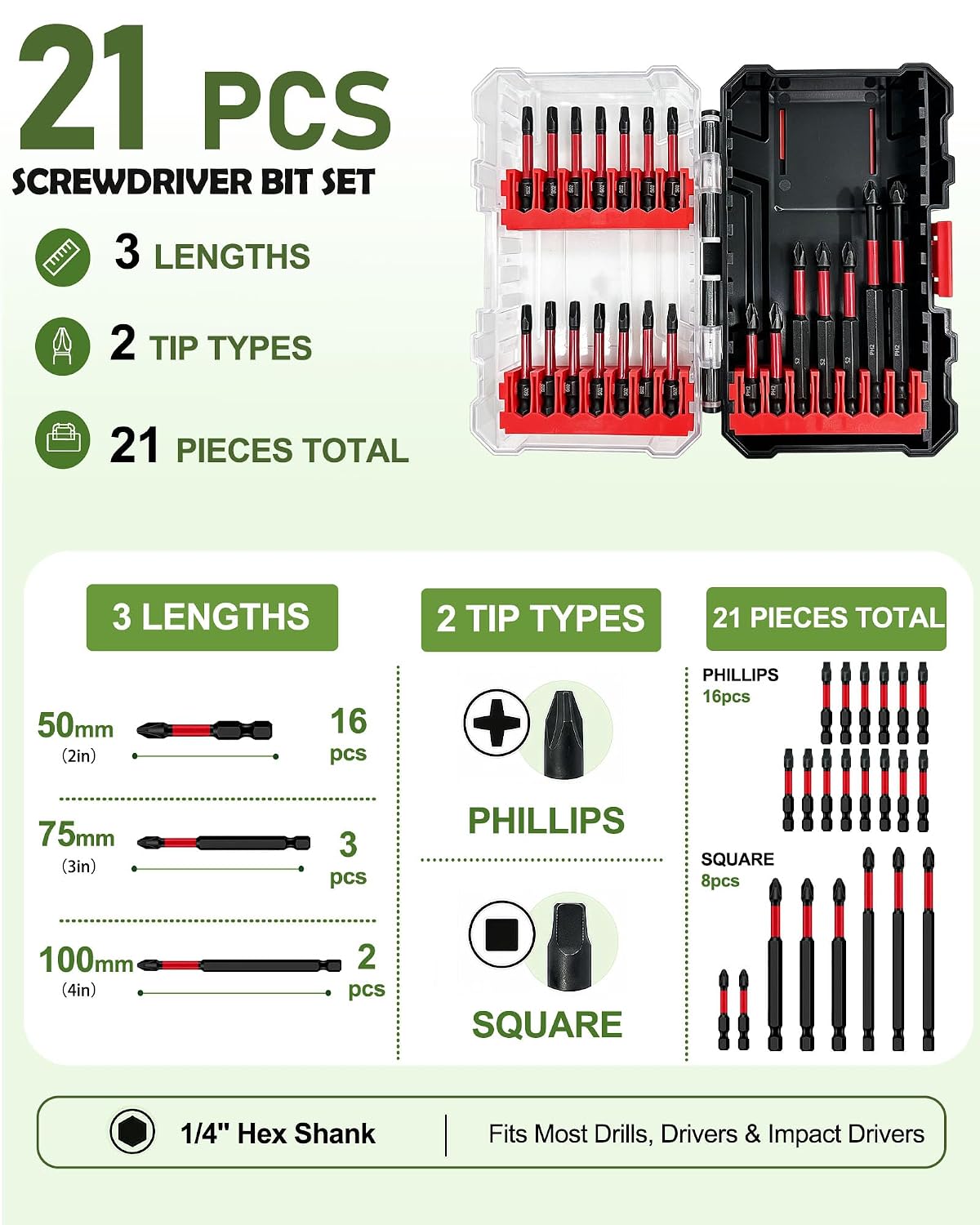 21pcs Drill Bits,2/3/4-Inch Magnetic Screwdriver Bit Set,Hex Drill Bit Set