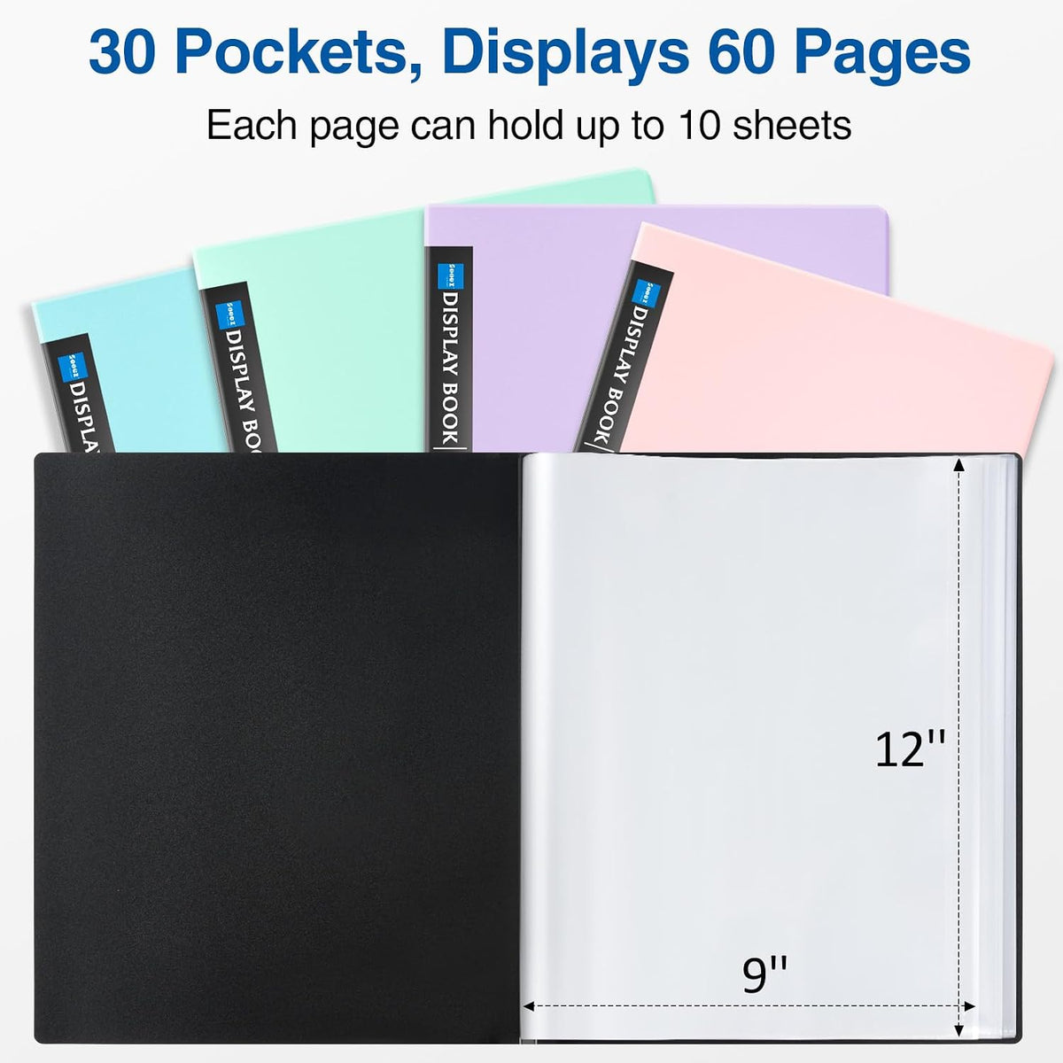 Sooez Binder with Plastic Sleeves 30-Pocket, Displays 60 Pages, 9x12Folders