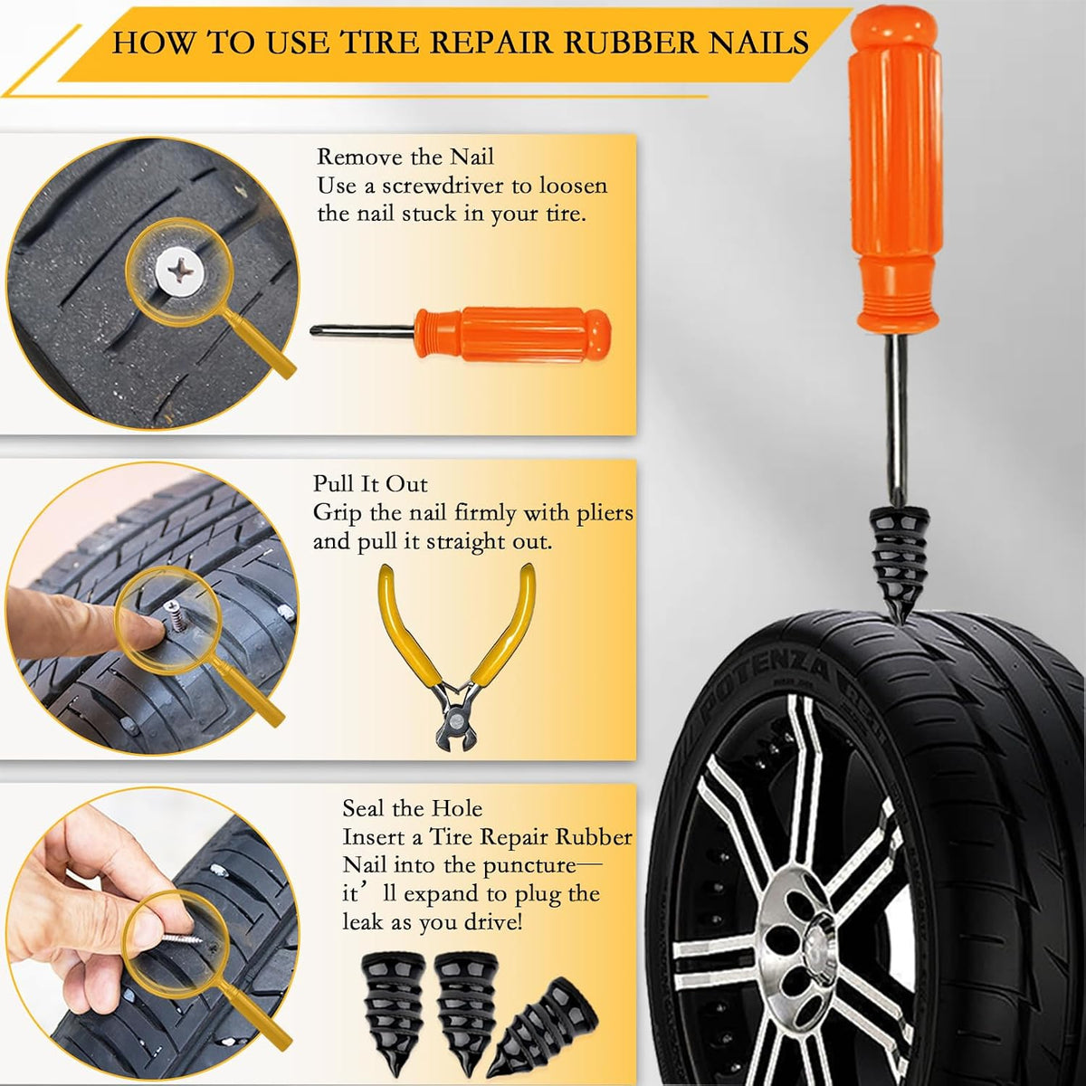 40Pcs Tire Repair Rubber Nails Kit with 4 Sizes, Vacuum Tire Repair Rubber Nail