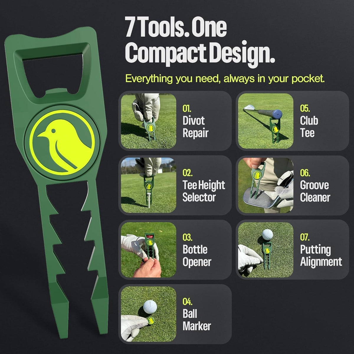 7-in-1 Metal Golf Divot Tool with Magnetic Ball Marker - Tee Height Setter, Bottle Opener