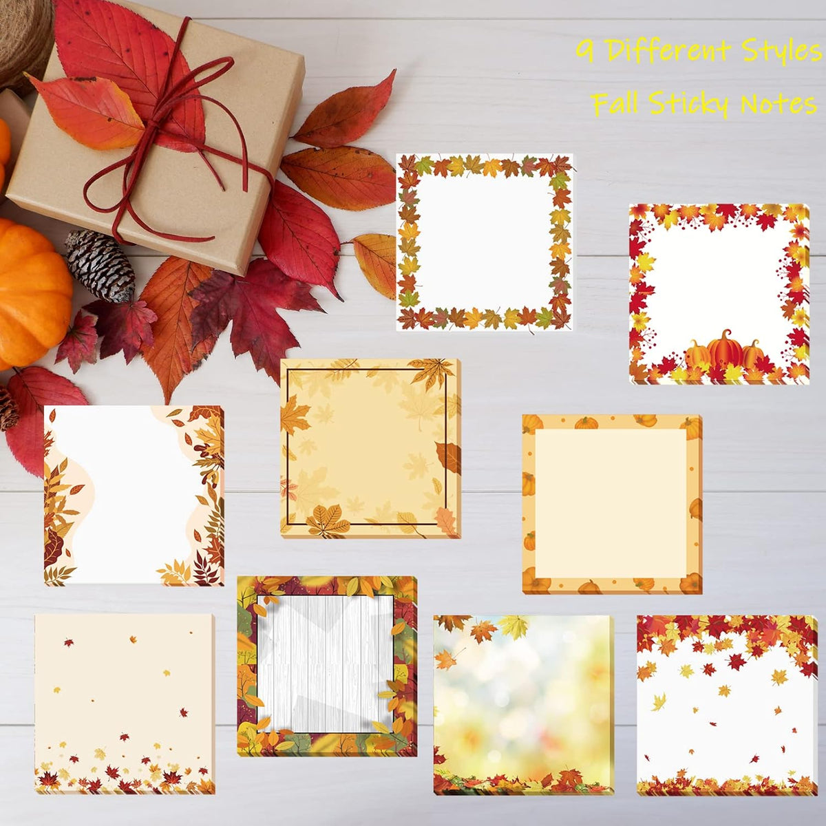 9 Pieces Fall Sticky Notes 3x3 Inch Cute Fall Pumpkin Maple Leaf Note Pads Adesive Memo