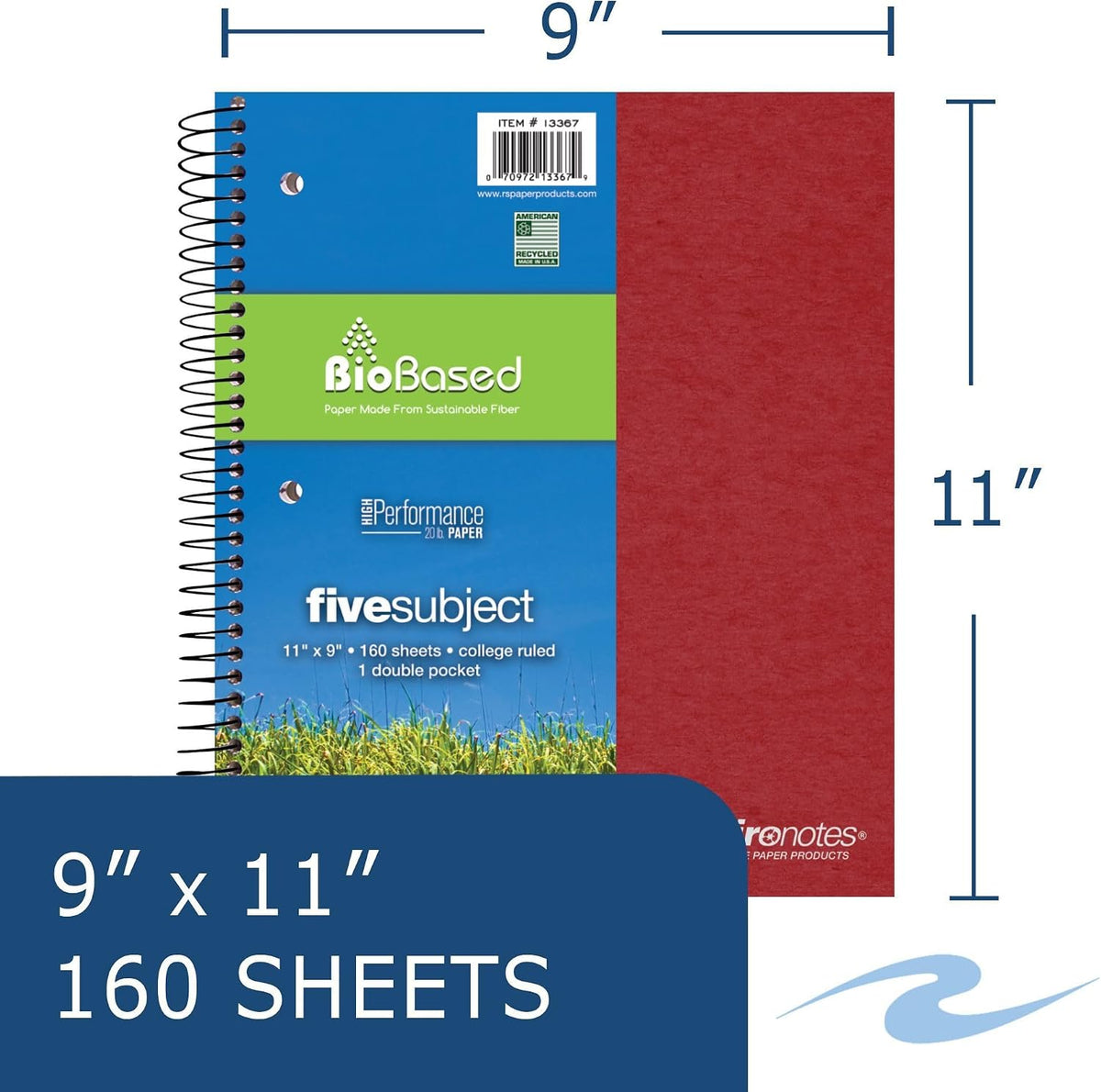 Roaring Spring Environotes Recycled Spiral Notebook, 5 Subject, 11" x 9"